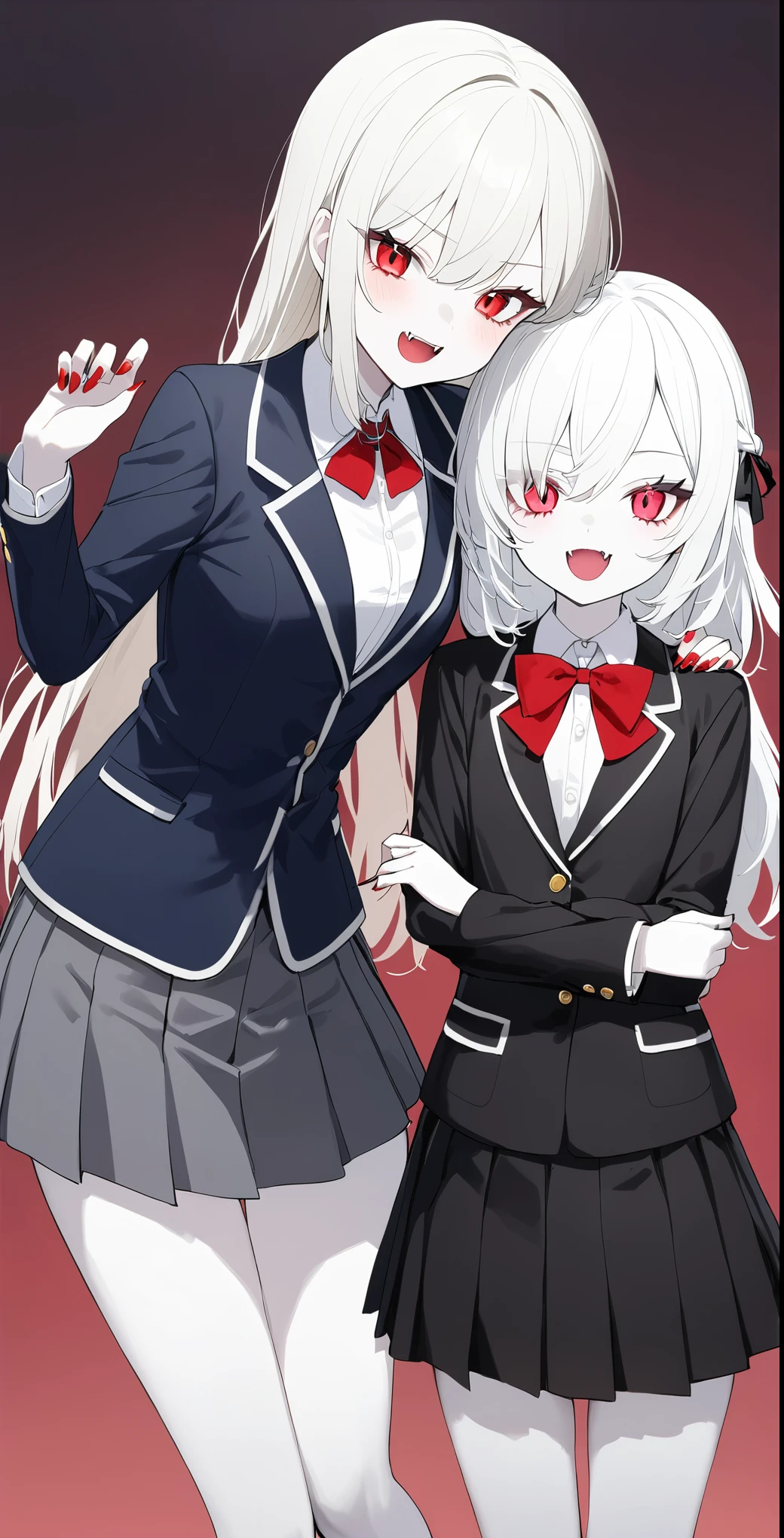 2 Girls、Hairstyle of your choice、Red eyes、Fangs growing、vampire、high school student、Pure white pale skin、Pure white hair、Wearing a shirt、Wearing a skirt、Wearing a blazer、Height 170cm or more、vampire学校の生徒、Red nails、Slightly sharp nails