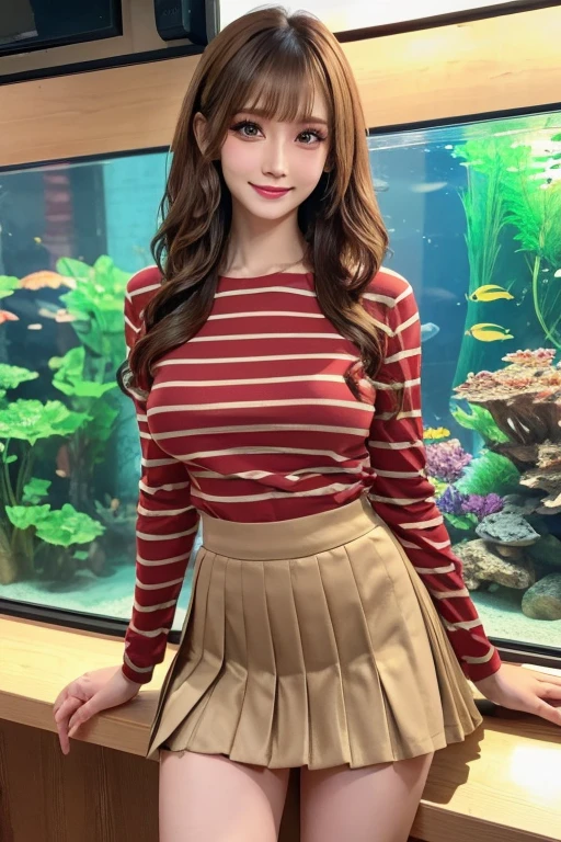 ((masterpiece)), ((Best Quality)), (Very detailed), ((Extremely detailed)), 4K, (8k), Best Quality, (beautiful), Genuineistic, Genuine, Dynamic Angle 0, Front View ,Young and cute Japanese girls , aquarium, Daytime, In front of a large tank, Looking happily at the fish, Glamorous physique ,Long Bob Hair ,One girl, Alone, (Striped long sleeve T-shirt), (Pleated mini skirt),((beautiful eyes)), Large Breasts, Big smile, Super cute face, Glossy lips, Double eyelids on both eyes, Long eyelashes ,Natural Makeup, shiny smooth light brown hair of Long Bob Hair, Asymmetrical bangs, High resolution, high detail, Detailed hairstyle, Detailed face, Cinema Lighting, Octane Rendering, hyper Genuineistic, Perfect limbs, Perfect Anatomy