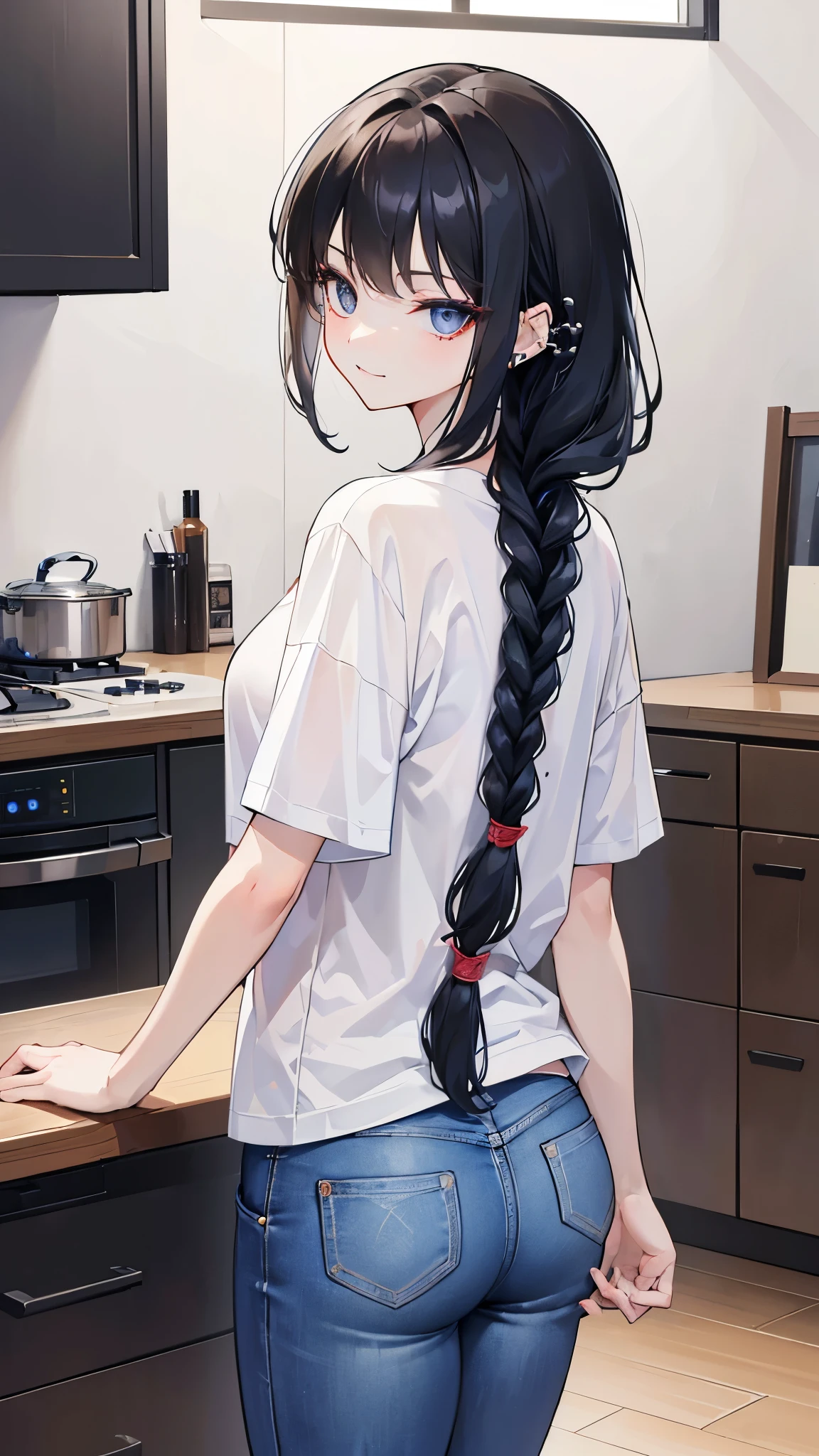 ((masterpiece、Best Quality、Very detailed))、One Girl、Black Hair、Shortcuts、((single braid))、Grey Eyes、evil smile、((lots of piercing))、Large、((White T-shirt))、jeans、Cowboy Shot、Turn around、Shoot from behind、Kitchen Background
