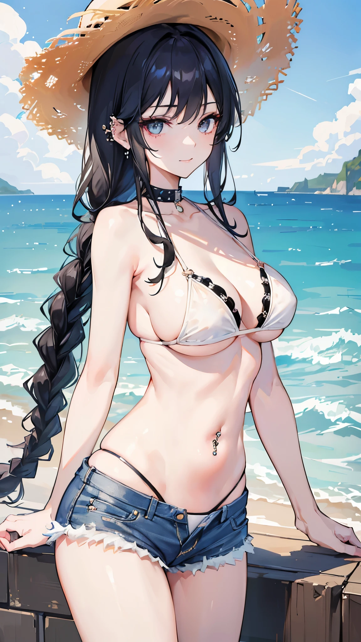 ((masterpiece、Best Quality、Very detailed))、One Girl、Black Hair、Shortcuts、((single braid))、Grey Eyes、evil smile、((lots of piercing))、Large Breasts、Straw hat、((white bikini))、denim short shorts、Cowboy Shot、Seaside Background