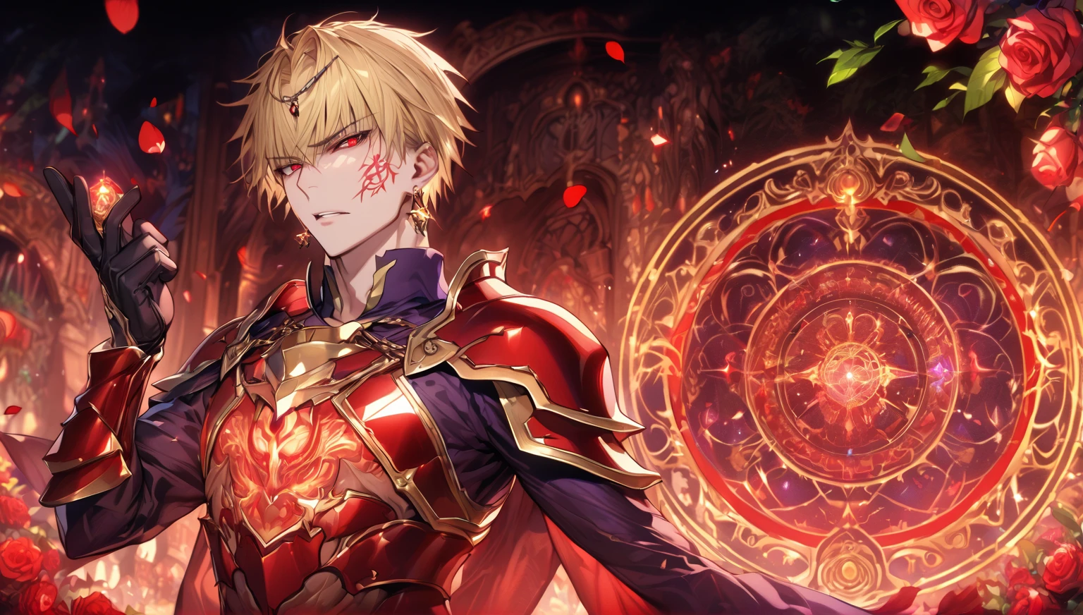 absurdres, highres, ultra detailed, HDR, master piece, best quality, extremely detailed, detailed eyes, detailed face, Gilgamesh, blonde hair, short hair, expressive red eyes, Fate Stay Night, solo, sexy man, handsome, sensual, adult face, golden necklace, black gloves, square golden earrings, red tattoo, red armor, magic circle, garden, green leaves, red petals, red roses, fantasy, magical, 