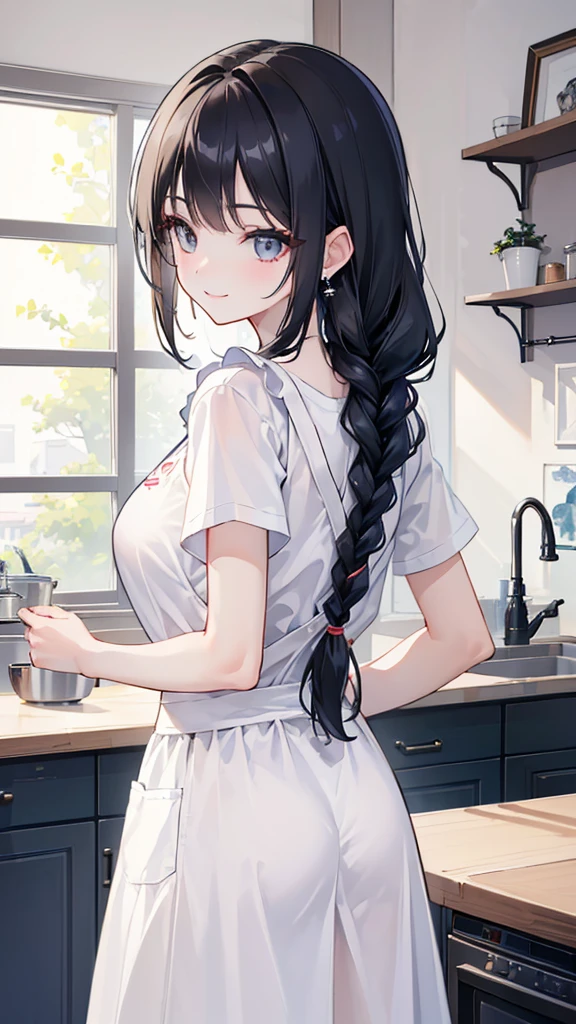 ((masterpiece、Best Quality、Very detailed))、One Girl、Black Hair、Shortcuts、((Single Braid))、Grey Eyes、邪悪なsmile、((Lots of earrings))、big、((White T-shirt))、((White apron))、Denim pants、Cowboy Shot、Rotate、Shoot in the back、Kitchen Background、smile、Big Breasts