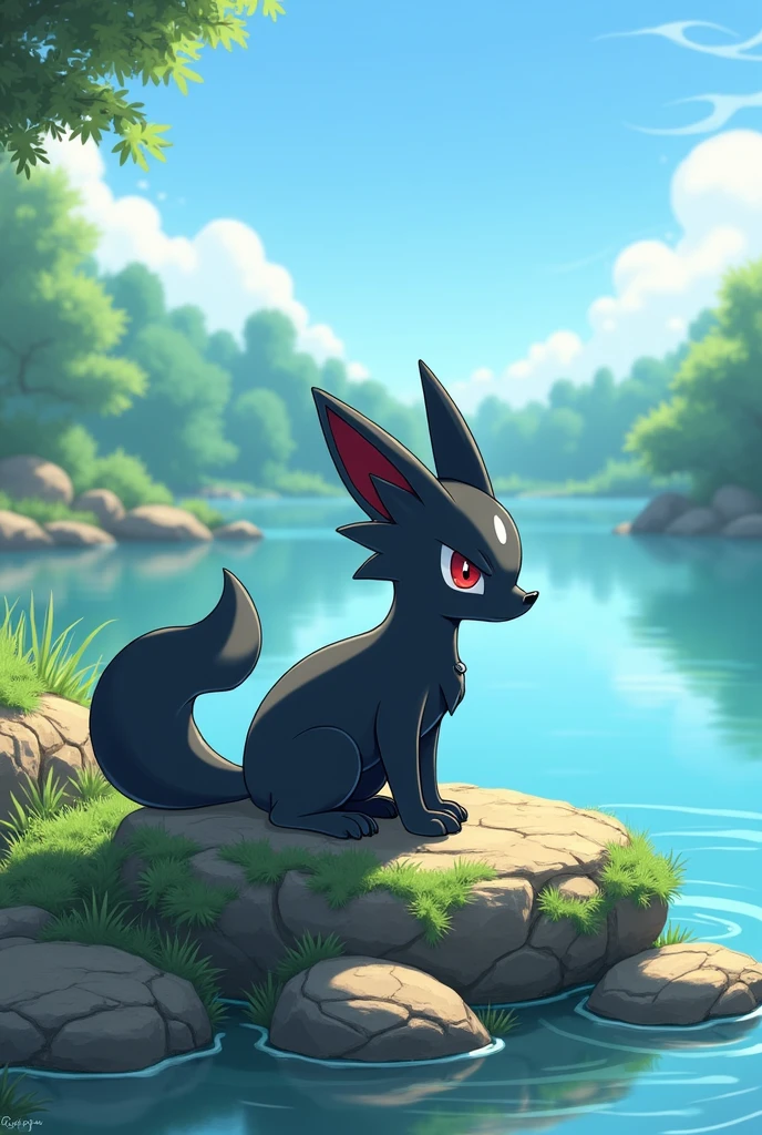 Zorua, anthro, young, blue eyes, white pupils, detailed body fur, looking at you, clear black body fur, red hair, detailed face, detailed eyes, detailed body, perfect lighting, perfect shadows, perfect eyes, perfect hair, perfect face, gorgeous body, detailed hands, glistering body, shiny body, skinny, spectacular effect, fangs, :3, solo, forest, field, clear sky, clouds, sitting on rock, feets with three toes, 3 toes, full body, red feets, red hands, sfw,