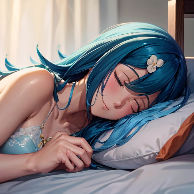 highly detailed, SFW, portrait, 1 girl, blue pink_hair, nude, Smile, (perfect_Face), boundary, close up, mad, exist_Back, Gorgeous, complex, dramatic lighting, detailed_Background, full_Body, Best hair quality, Extra super detailed eyes, Extra high facial detail, side_body, eye reflection, focus on eyes, detailed top eyelashes, high textured skin, lowexposure, bed, in bed, sweat, heavy breathing, torogao, film grain, atmospheric perspective, caustics, 8K, masterpiece