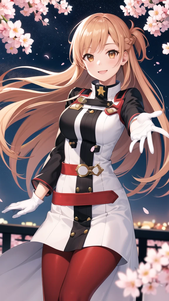 Game , goddess of victory nikke, Rapi , light brown hair,  alluring eyes ,beautiful face , crystal red eyes ,  long hair ,sweater shirt, cream colour shirt, trousers, cheerful eyes, ,g cup breast, slender waist, bewitching thighs, , five fingers each hand, two hand ,two leg , in town, date, hunch over, standing, beautiful, high heels, night life