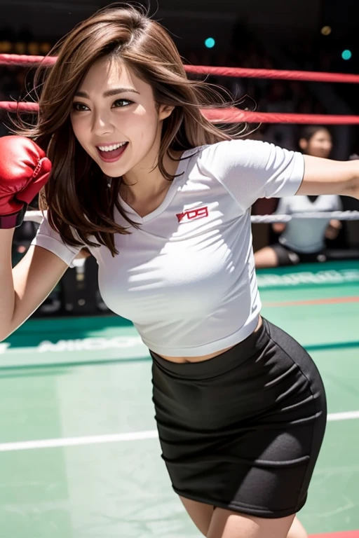 beautiful woman, active attacking dynamic pose, attacking motion, perfect body, office-lady-shirt and skirt costume, fingerless gloves, light brown hair, mischievous smirk, open mouth, closer, depth of field, at MMA ring