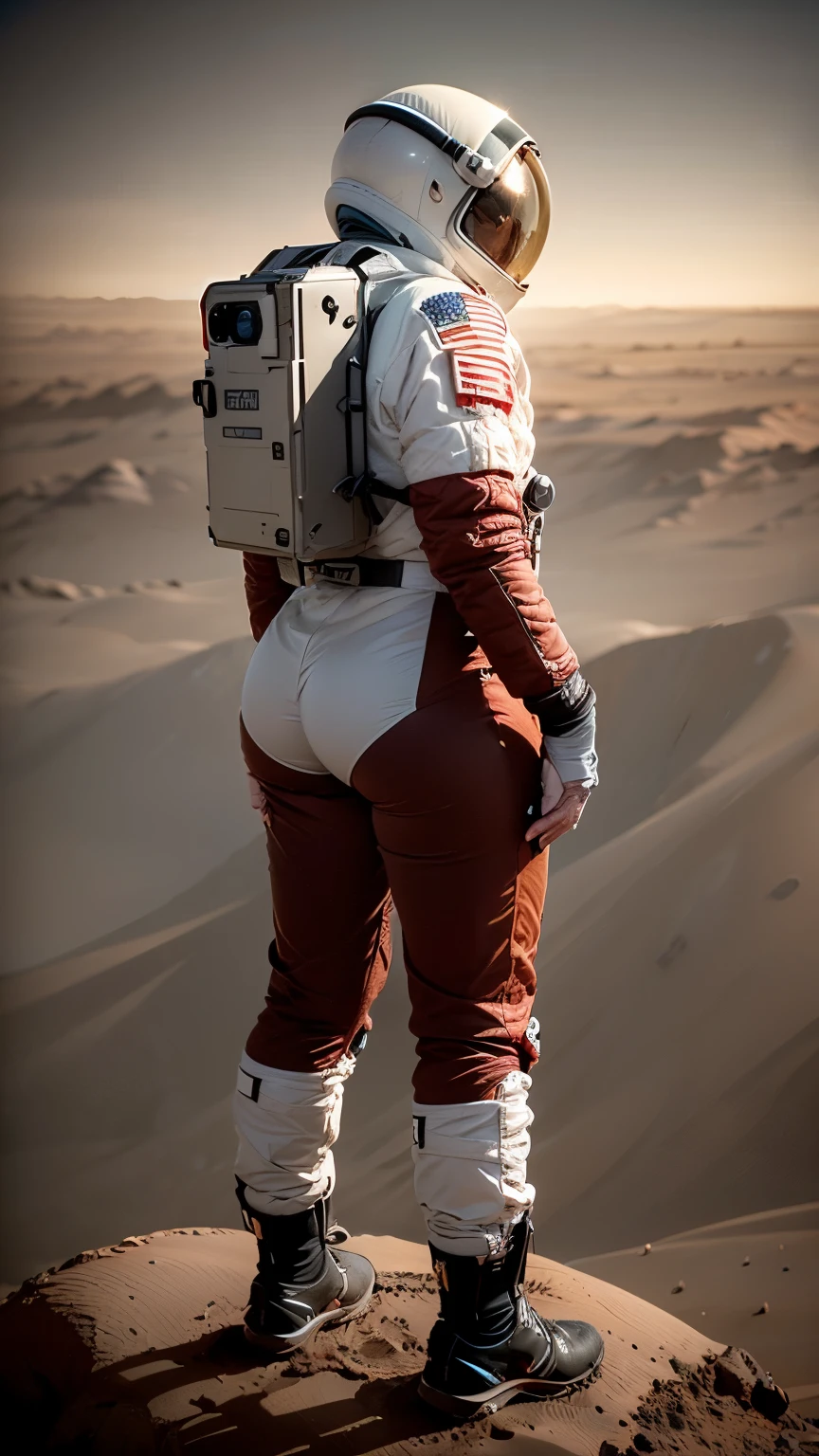 A futuristic rear angle (sci-fi) photo of a (fit woman futuristic astronaut standing on rock overlooking Martian valley on Mars), back towards viewer, not looking at viewer, (wearing skintight white and red sci-fi spacesuit, full body),  fit body, (big ass), [wide hips], rusty red Martian terrain, mars dust scattered floating in air, (mountain:0.8), (lens flare:0.7), (cross-processing), (highly detailed), (cinematic lighting:1.1), sharp shadows, intricately detailed, photographed on a Hasselblad 500, 80mm F2.8 lens, with Cinestill 800T film, cinematic contrast, outdoors, ((on Mars)), space exploration, journey, nasa-punk, from behind, sfw