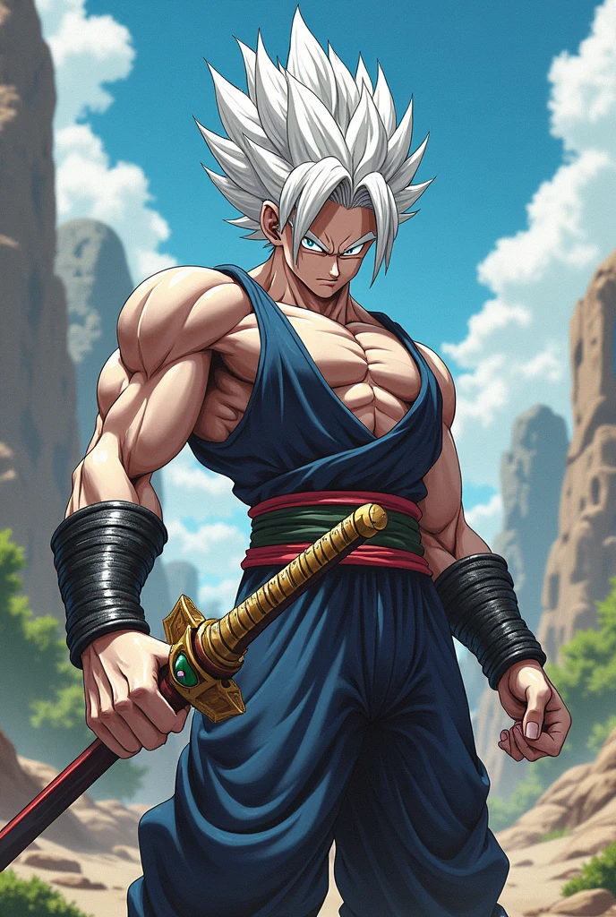Create an unique anime Character who is the mixture of baki+ Goku +garou and gojo white hair blue eyes