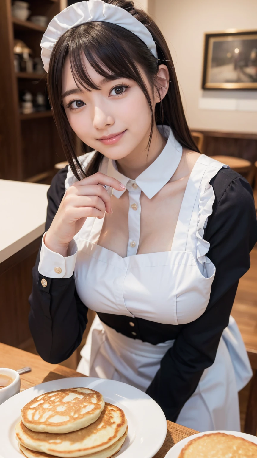 (Best Quality, 4K, masterpiece :1.3),Colourful works of art, Maid Cafe, Pink maid outfit、Moemoezukyuun💕, break （Fluffy Pancakes）,  Take a break with coffee, A charming maid stares at you, Pancakes offered by gentle hands, smile