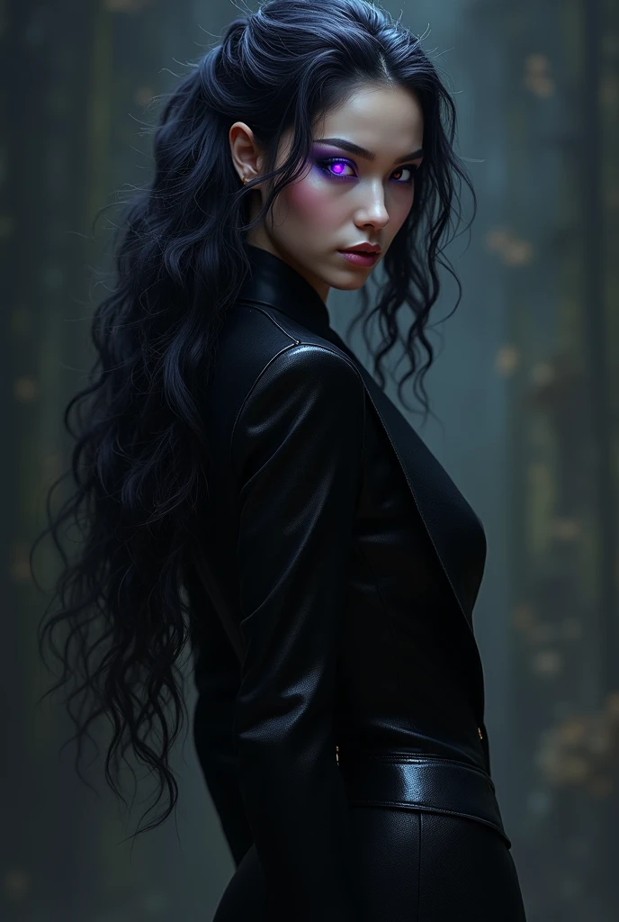 Woman walking head-on down a road at night, with fog and shadows, wavy and long black hair, detailed hand and fingers, high quality, ultra-detailed, 8k, masterpiece, (volumetric lighting), black magic, fanciful, lilac colors, purple, black and vivid shadows on the woman's return. --auto --s2