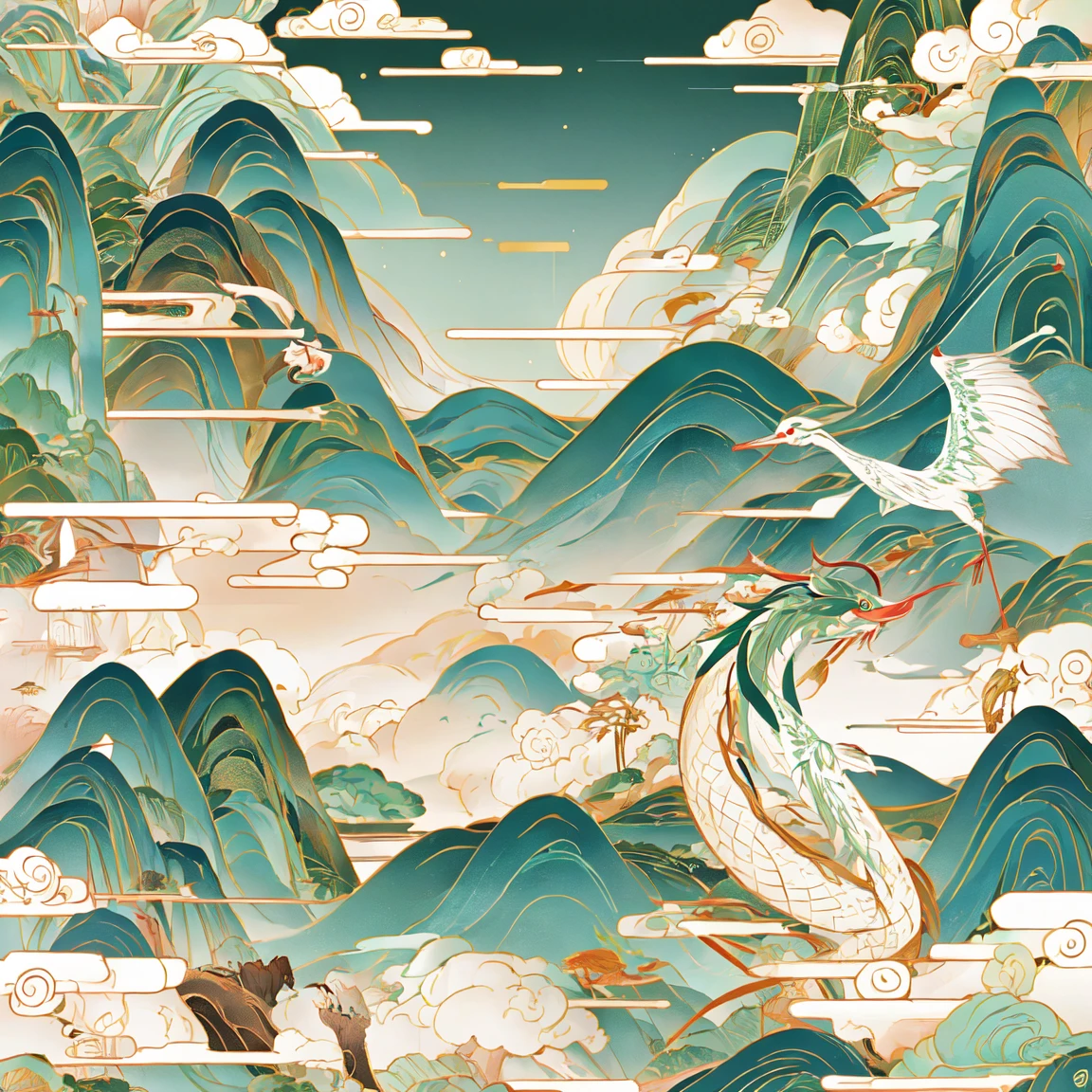 frame:1.28, Overall color green,dragon, crane, ink, Mountain, Fall, cloud, loose, The best, Very detailed, masterpiece, exquisite details, golden thread,sharp, Designed by Baker