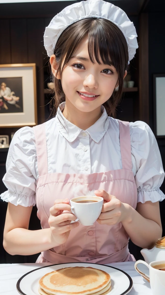 (Best Quality, 4K, masterpiece :1.3),Colourful works of art, Maid Cafe, Pink maid outfit、Moemoezukyuun💕, break （Fluffy Pancakes）,  Take a break with coffee, A charming maid stares at you, Pancakes offered by gentle hands, smile