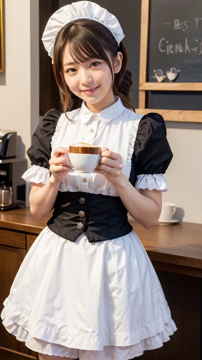 (Best Quality, 4K, masterpiece :1.3),Colourful works of art, Maid Cafe, Pink maid outfit、Moemoezukyuun💕, break （Fluffy Pancakes）,  Take a break with coffee, A charming maid stares at you, Pancakes offered by gentle hands, smile