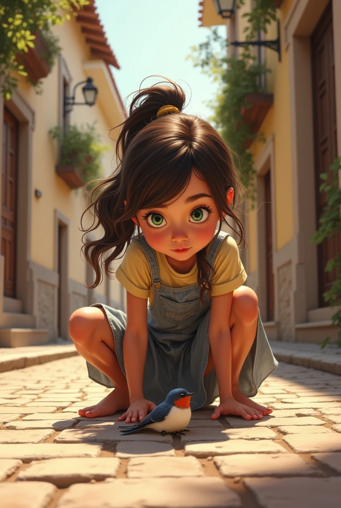 brown hair, short ponytail, hair bobbles, glowing eyes, slit pupils, open mouth, pout, blush, from below, god rays, glowing light, depth of field, UHD, masterpiece, textured skin, anatomically correct, high quality, highres, high quality, Image of Vanellope with an athletic body, flat busty, vestindo leggings apertadas, it is possible to see vanellope in full and by looking down.