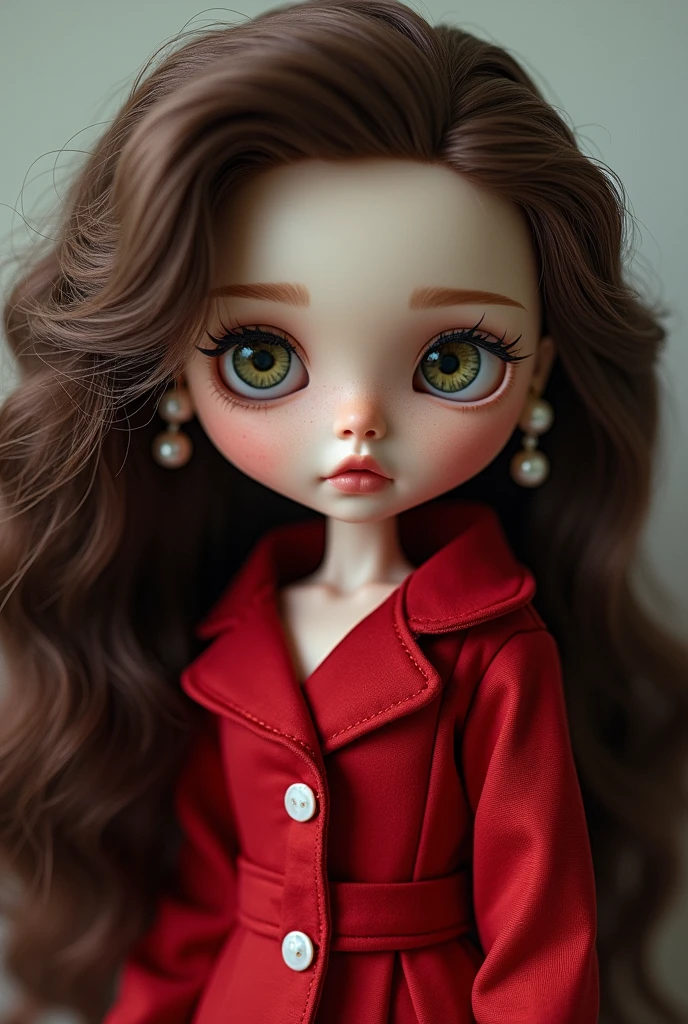 Blythe doll with curly red hair, bangs, green eyes and thin eyebrows