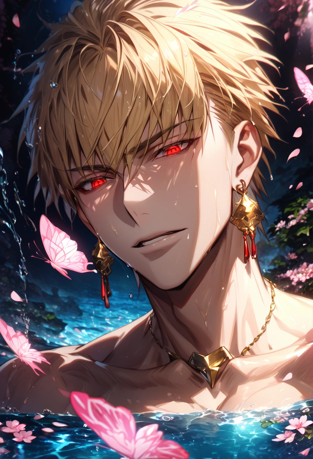 absurdres, highres, ultra detailed, HDR, master piece, best quality, extremely detailed, detailed eyes, detailed face, Gilgamesh, blonde hair, short hair, expressive red eyes, Fate Stay Night, solo, sexy man, handsome, sensual, adult face, toned chest, golden necklace, square golden earrings, red tattoo, fantasy, magical, water, pink flowers, pink butterflies, cherry blossoms 