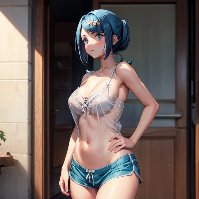 (nsfw:1.2), (8k, RAW photo, best quality, masterpiece: 1.4), ultra high definition, (realistic, photorealistic: 1.48), 20 years old, beautiful girl, (see through micro white bikini: 1.48), famous Japanese actor, (blue hair:1.4), short hair, (hair over one eye:1.3), blue eyes, head tilt, cowboy shot, from the side, looking at the viewer, expressionless, beautiful lake,  Zeiss 150mm f/ 2.8 Hasselblad, full body, foot, super wide angle