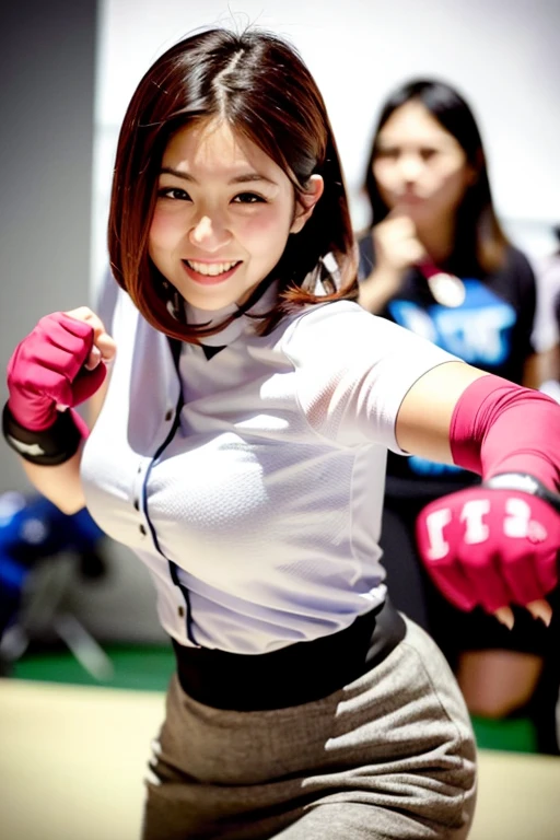 beautiful woman, active attacking dynamic pose, attacking motion, perfect body, office-lady-shirt and skirt costume, fingerless gloves, light brown hair, mischievous smirk, closer, depth of field, at MMA ring