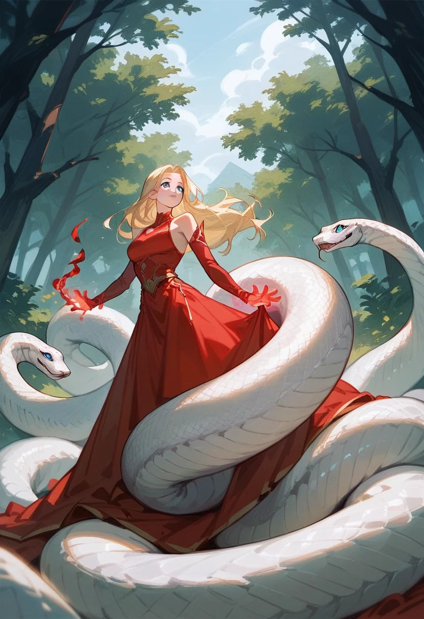 1 girl, solo, long blonde hair, blue eyes, red dress, fullbody, divinity, HP love craft style, dark fantasy, a giant white snake coiling around her, red magic