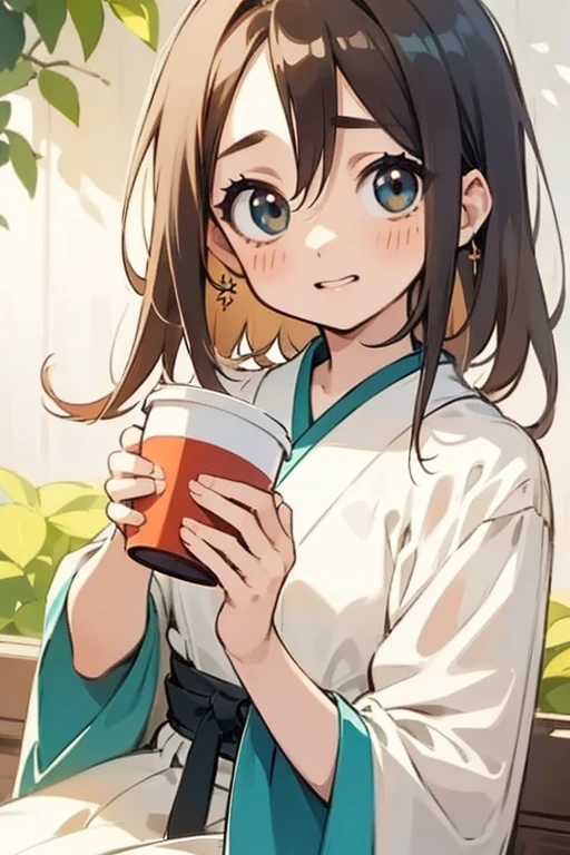 A young girl is holding a coffee cup in her hand, Girl cute beautiful face, Cute natural anime face, With a cute - lovely - face, sakimi-chan, Chiho, Yoshitomo Nara, Young and pretty face, Beautiful Japanese girl face, 茶色の髪とBig eyes, Cute pretty girl, Beautiful light、Big eyes