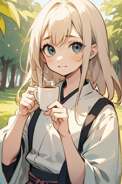 A young girl is holding a coffee cup in her hand, Girl cute beautiful face, Cute natural anime face, With a cute - lovely - face, sakimi-chan, Chiho, Yoshitomo Nara, Young and pretty face, Beautiful Japanese girl face, 茶色の髪とBig eyes, Cute pretty girl, Beautiful light、Big eyes