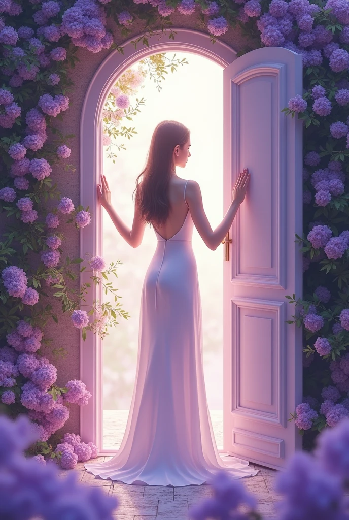 Woman in white dress opening lilac door with purple flowers
