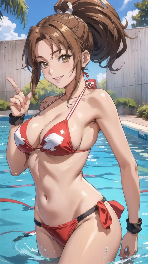 poolside, ponytail hair, mai shiranui , (1:4 quality, anime style), detailed face, beautiful brown eyes, (4K, 8k quality),sweet smile,((Bikini:1.3)),Big Breasts