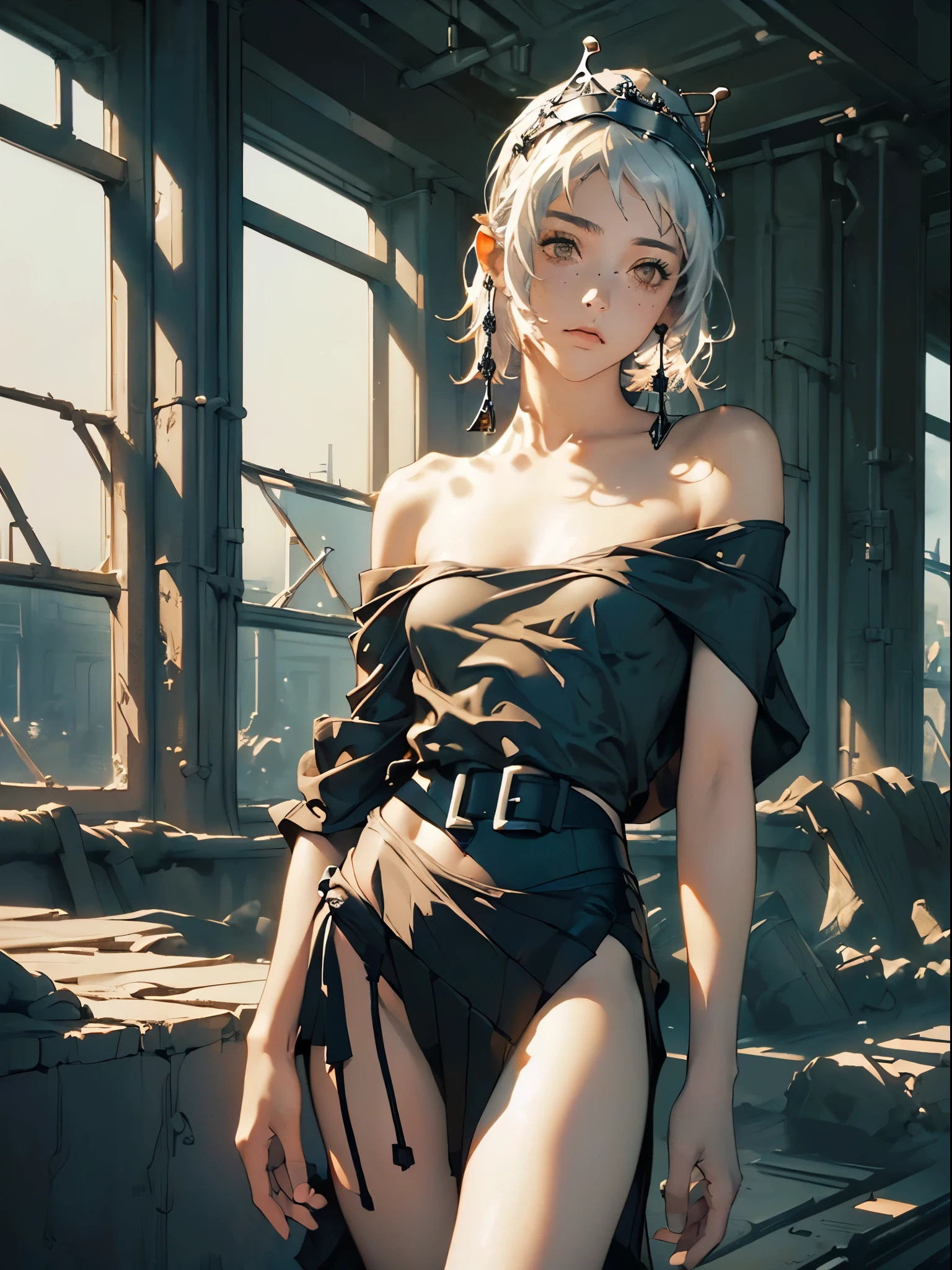(masterpiece:1.5、highest quality、Every detail,Great lighting,Written boundary depth)(One Girl,alone)(pretty girl,Woman in off-the-shoulder clothes:1.4,Lifting the hem of the clothes、Shorts、White Bob、beautiful medium-sized breasts,Beautiful cleavage,thin and white legs、White skin)(ruins、Dilapidated building、Collapsed wall)(Close-up)(Elegant woman posing、Sitting)