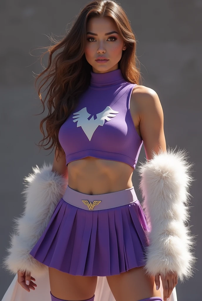huge fake , Front bangs, (BEAUTY PURPLE, WHITE), sexy fur armor, (Crop top), (Tight Yoga Pants), FUTURISTIC FUR SUIT, (split), (high legs), (Mechanical boot), (I look at the viewer), (standing), sexy body, Abdominal muscles, uhd, 8 K, 1080P.