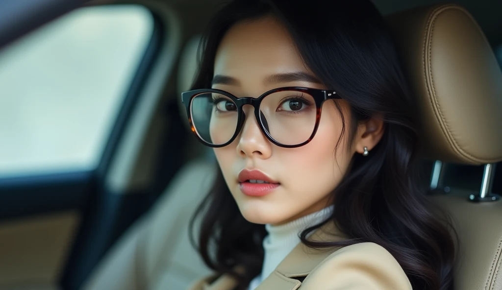 highest quality、masterpiece、High sensitivity、High resolution、One Woman、Slim Body、Glasses、Passenger seat of a car、sleep