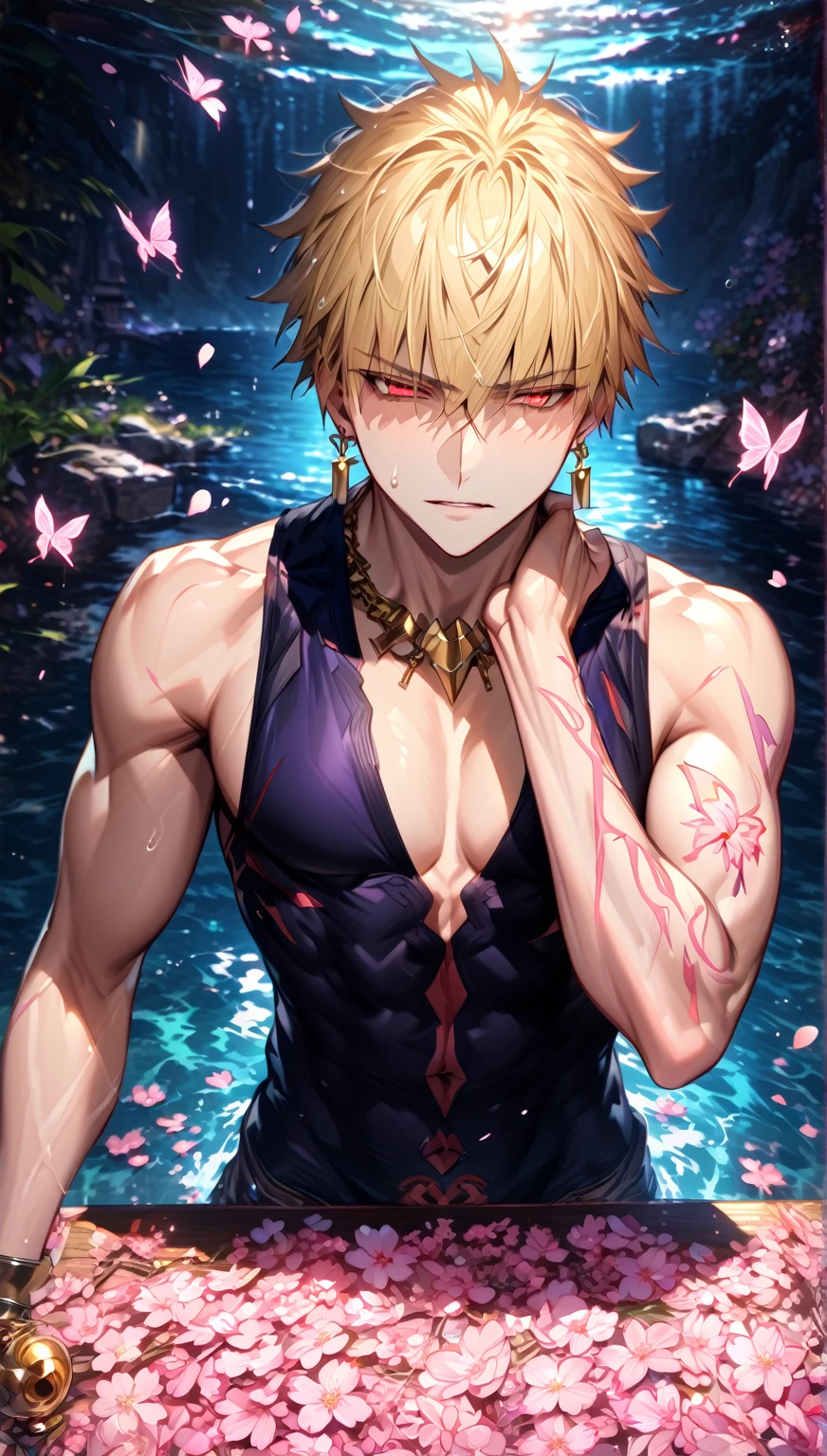 absurdres, highres, ultra detailed, HDR, master piece, best quality, Vash The Stampede, blonde hair, expressive blue eyes, Trigun, solo, sexy man sitting, handsome, sensual, manly man, bare chest, black shorts, fantasy, magical, shining, purple flowers, blossoms, water, purple petals, purple butterflies, sparkling, purple moon, starry sky