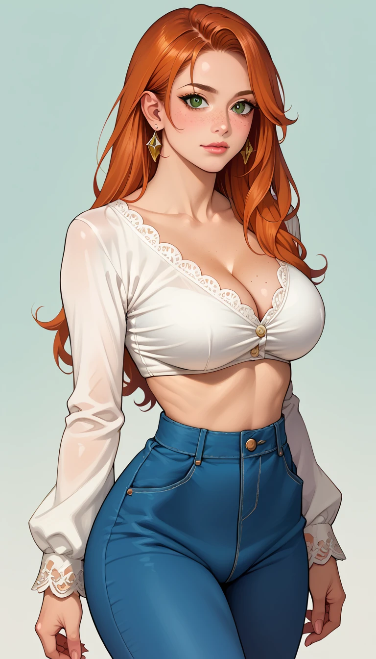 score_9, score_8_up, score_7_up,
source_anime, one
Women,big breasts , threader earrings,orange straight hair, long hair, green bra,jeans, jacket, lipstick,black eyes