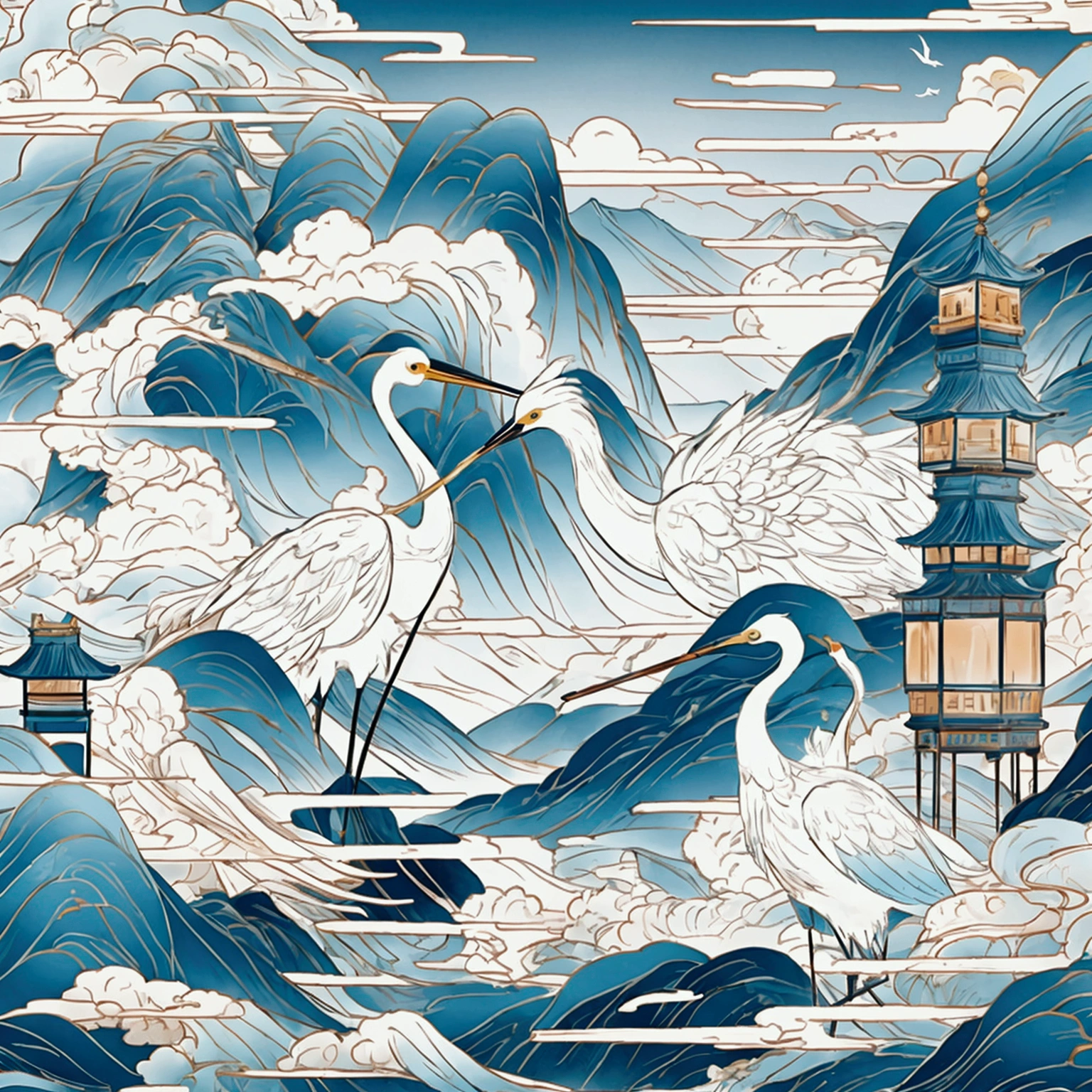 frame:1.28, Overall color blue,crane, ink, Mountain, Fall, cloud, loose, The best, Very detailed, masterpiece, exquisite details, golden thread,sharp, Designed by Baker
