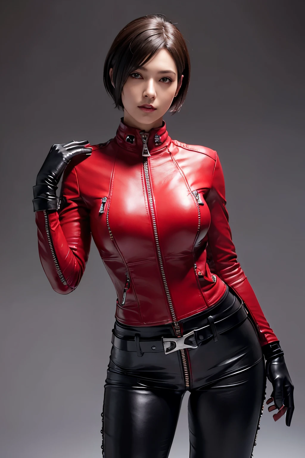 (Realism:1.4),Resident Evil 6,Ada,Short Hair,No background,look at me,A body that makes you want to touch it,foxy make up,The most beautiful stars,Stand up your collar,Black Leather Pants,Photorealistic,Ultra HD,high quality,masterpiece,Digital SLR,Detailed details,Intricate details,Anatomical basis,Depicted in detail,A detailed face,Realistic skin texture,Vivid details,Perfect Anatomy,Perfect Anatomy,Anatomically correct hand,Anatomically correct fingers,Super Detail,Complex 3D rendering,Picturesque,Pink Lips,smile,she is Wearing (((skintight leather 1pc clothes))(black leather)(((close the zipper tightly)))) and ((one waist belt)(Black leather)(metal buckle)) and ((Skinny long pants(Black leather))) and ((((gloves)))(black leather)),intelligent and beautiful star model,(chin is thin),Costume made of thick leather fabric,Japanese female new recruits (G cup breasts)(slender body shape)(Black leather gloves cover both hands) ,(put on long sleeve rider jacket(red leather)),