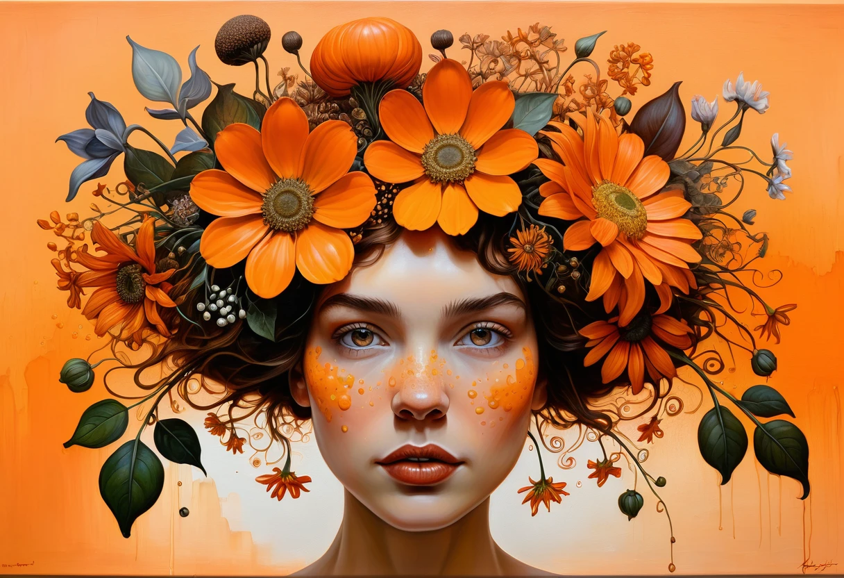 Lady with flowers on her head is an acrylic painting, im Stil von Lucy Glendinning, Tony Diterlizzi, organic and naturalistic compositions, Flower explosions, Giant pimple, Light orange and brown, cheerful faces --ar 3:4 -