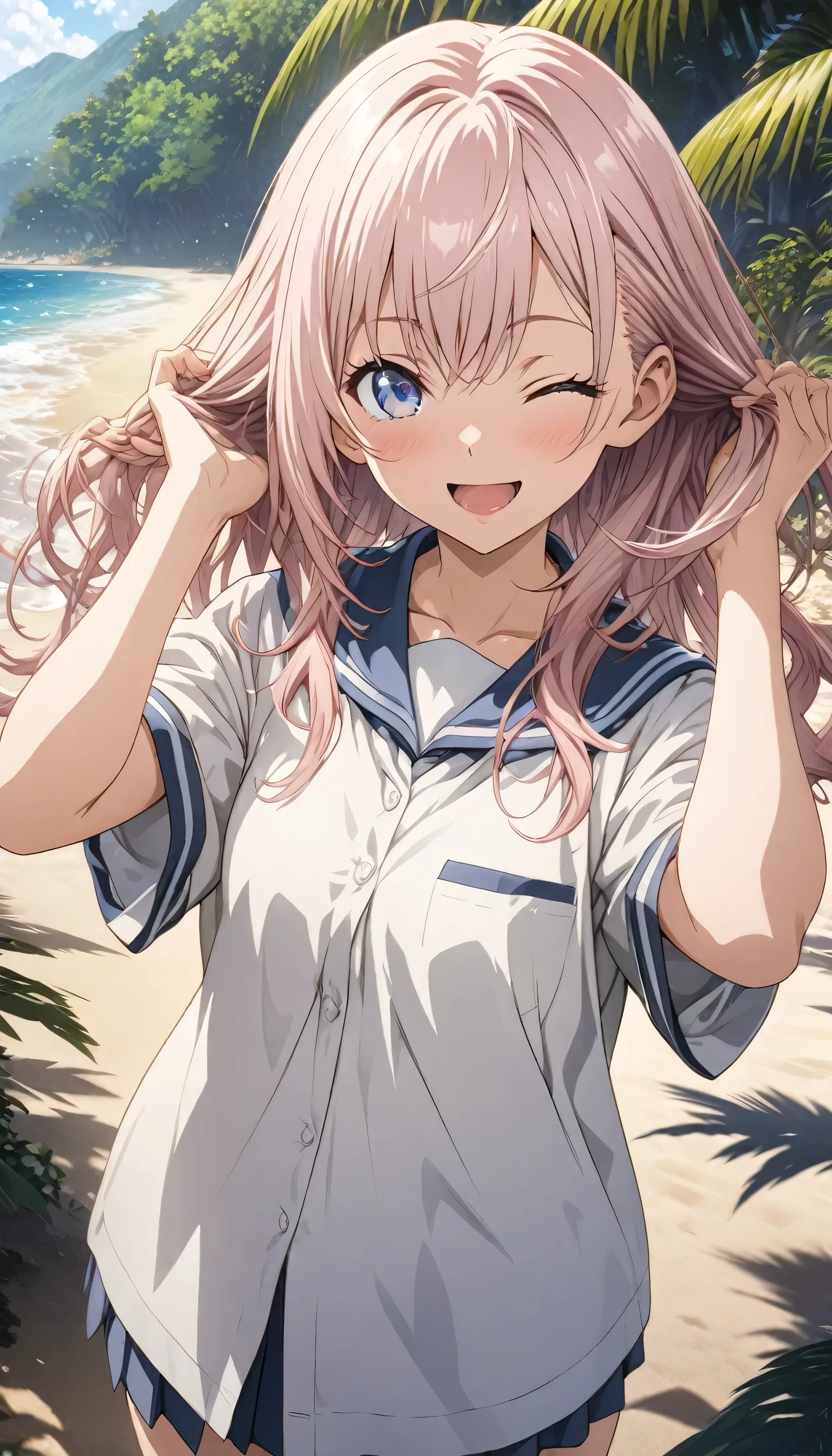 （（super high quality,Ultra-high resolution,16k,super masterpiece,Ultra HD ,Detailed shading,））One pink-haired girl,She is wearing a long-sleeved white shirt with the third button undone over her sexy bikini.,See-through body,Wrap a green water hose around your body,Lewd smile,blush,Blue sky and clouds background,Crouching on the beach,