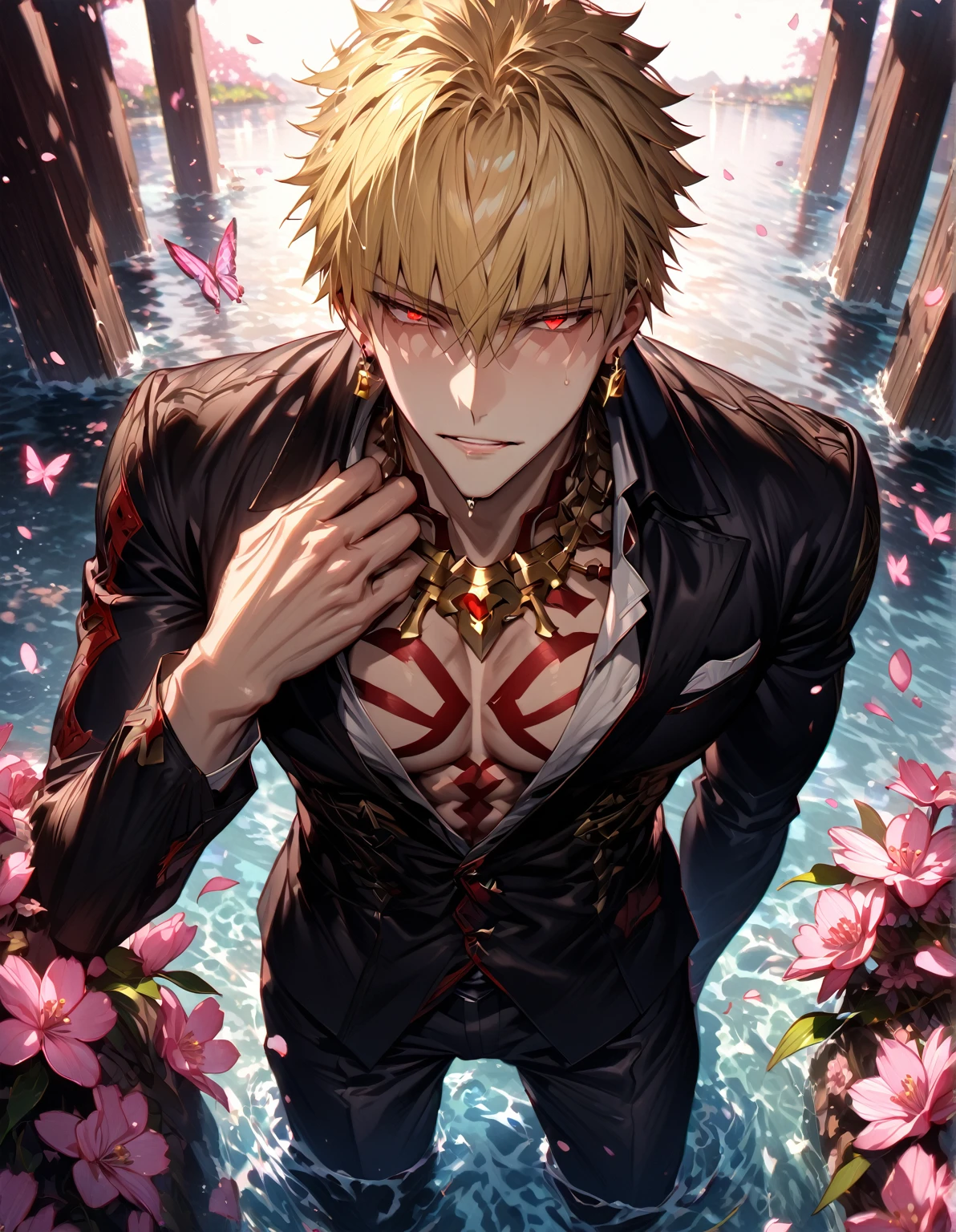 absurdres, highres, ultra detailed, HDR, master piece, best quality, extremely detailed, detailed eyes, detailed face, Gilgamesh, blonde hair, short hair, expressive red eyes, Fate Grand Order, solo, sexy man, handsome, sensual, adult face, toned chest, golden necklace, black clothes, square golden earrings, red tattoo, fantasy, magical, water, pink flowers, pink butterflies, cherry blossoms 