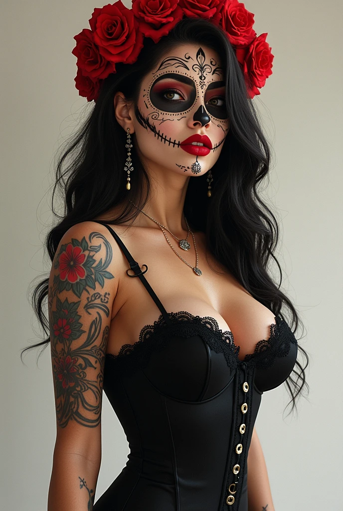 Explicit nudity, beautiful detailed eyes, beautiful detailed lips, extremely detailed eyes and face, ruby red irises, thick eyebrows, ((full length portrait)), girl with multi-color day of the dead makeup, (nude figure:2), dramatic lighting, dramatic pose, vibrant colors, cinematic composition, digital painting, hyper detailed, artstation, award winning, ((nude masterpiece)), (wide angle:1.4), (high heels:1.4), contrapposto stance, mid-stride strutting, whole body tattooed, body jewellery, accurate nipples, defined areola, rosy pink areola, (less orange:1.3)