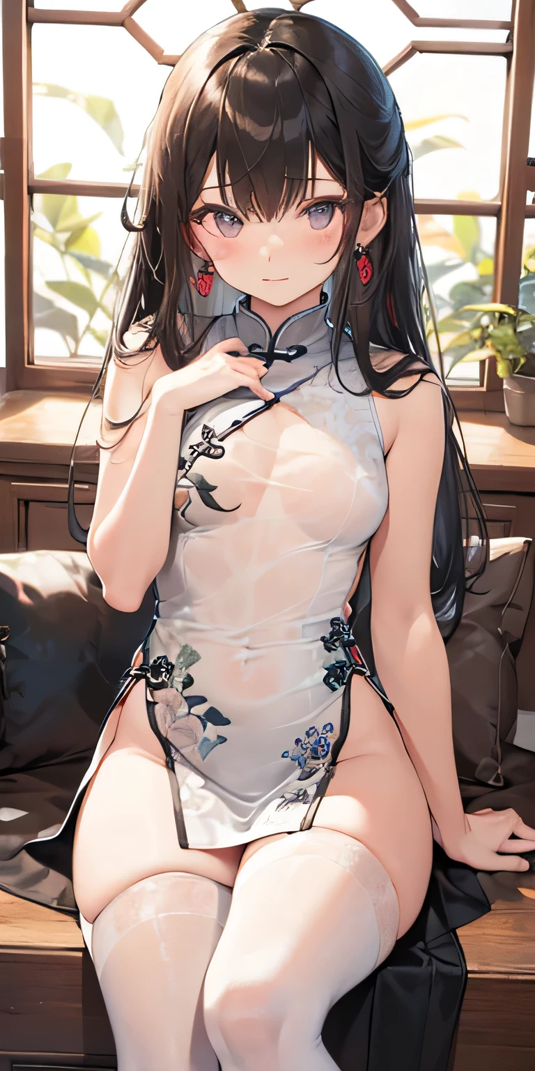 NSFW、Cute ******************、Yingbin Hotel、Model pose、(((A revealing, see-through white Chinese dress)))、Embarrassed look、Diagonally below、Beautiful legs、Thick thighs、Big Ass、White Stockings