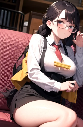 (1girl), black hair, extremely long hair, yellow eyes, (((muscular))), huge breasts, thick thighs, solo, angry, (pale skin), cowboy shot, (school uniform), from below