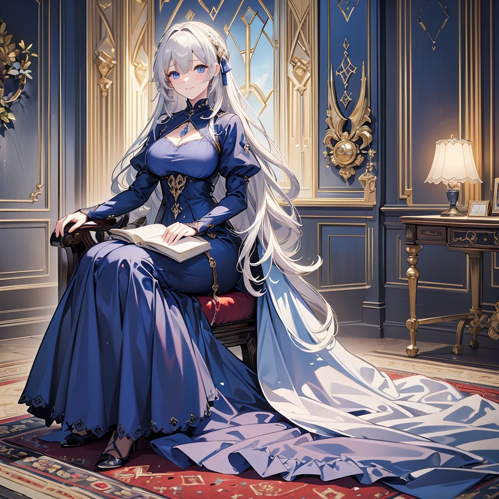 ((Highest quality)), ((masterpiece)) 、One woman, masterpiece, (High resolution), original, extremely detailed 8K , (Photorealistic:1.4),blue eyes ,Symmetrical body type,smile, Medieval European style street、dark blue dress、smile, blondes, Large Breasts, Gray Hair、city、Sitting in a chair、Luxurious Room、Very luxurious chair、sitting in front、Carpet underfoot