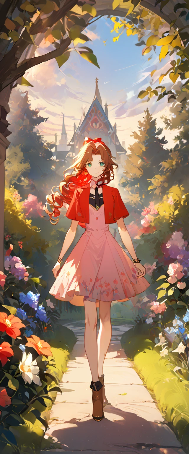 masterpiece, best quality, 8k, 4k, 1girl, aerith gainsborough, brown hair, high middle bang, longer side curly bang, long tight curly ponytail, green eyes, red hair ribbon, red bolero jacket, short sleeve jacket, cropped jacket, black tie choker, long pink straight dress, brown boots, bangles, walking in a garden, flowers, detailed background,, inspired by Asukaziye artist : ask, art style : ask