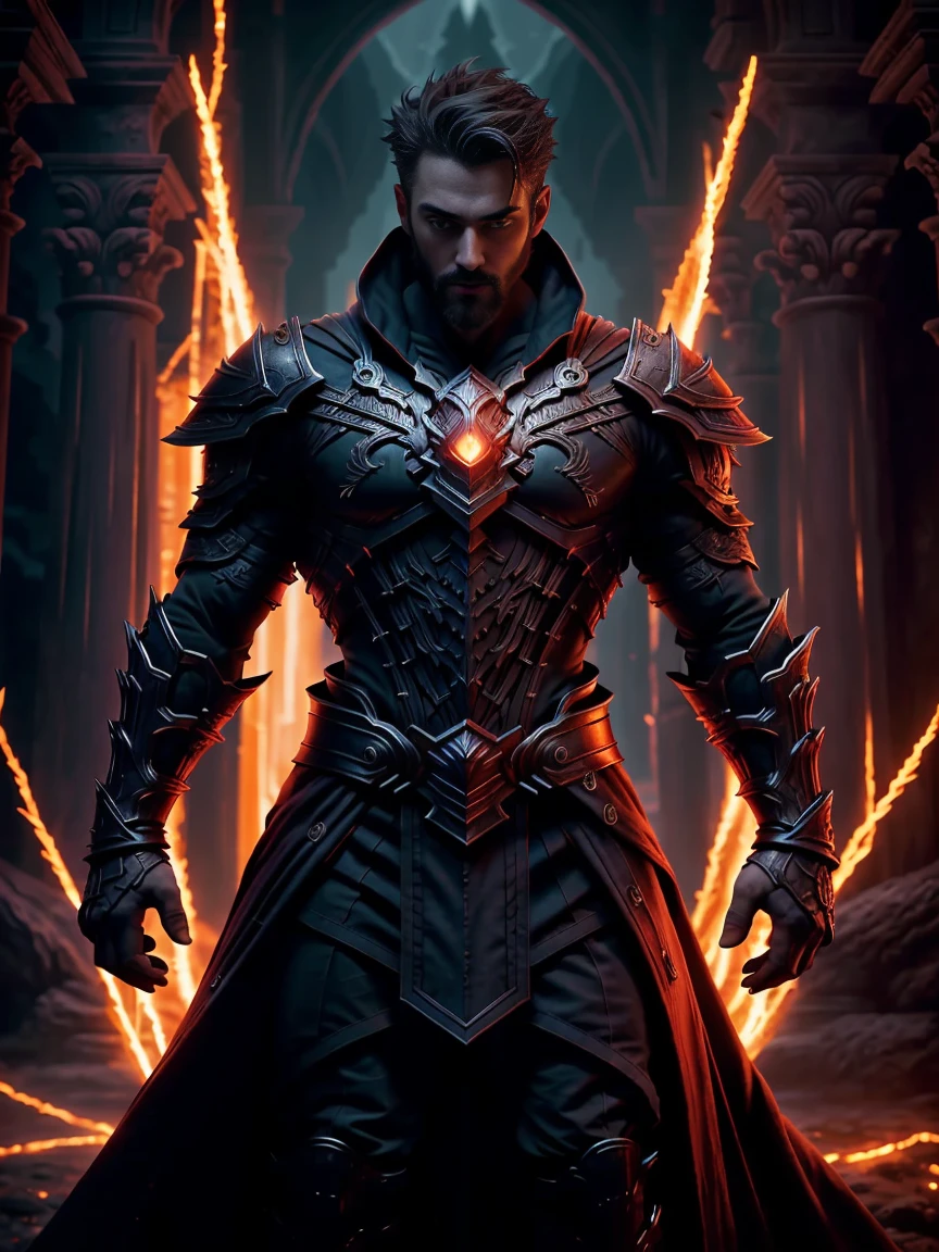 1man, A shot of a muscle wizard, 30 years old，small beard, Sexy and charming expression，gloomy eyes，Blue eyes, emb3r4rmor, shirtless, wearing embers greaves, dynamic pose, with red radiant light, hands emanating potent light magic. The scene is set in a dark and mysterious cityscape, bloodborne, illuminated by the glow of the paladin's sword. The composition is expertly crafted, with breathtaking attention to detail and cinematic lighting. The overall aesthetic is reminiscent of Fujifilm photography, capturing the beauty and depth of the scene