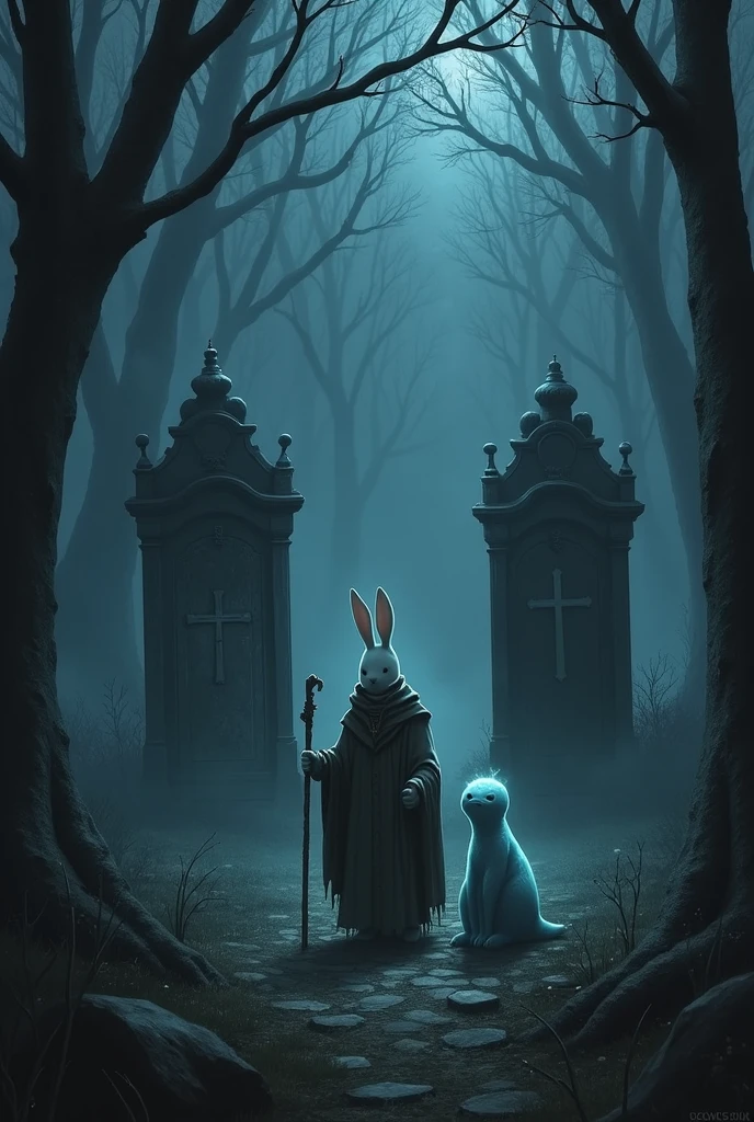 In a dark, mystical medieval forest, two tombs are partially covered by ...