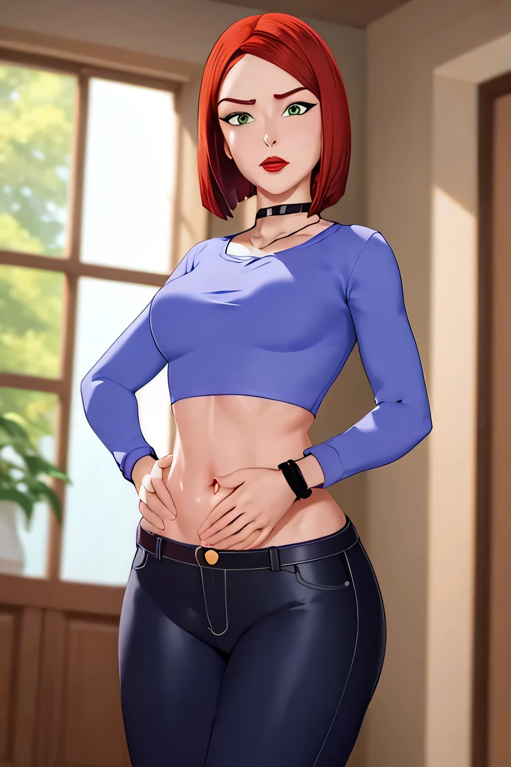 super fine illustration, vibrant colors, masterpiece, sharp focus, best quality, depth of field, looking down, cinematic lighting, ultra detailed, solo, 1girl, bellybutton, navel, tummy, choker, jewelry, necklace, black choker, blue shirt, crop top, long sleeves, black_pants, jeans, denim, wristband, red hair, short hair, green eyes, makeup, lipstick, red lips, bob cut, lips, mature woman, indoors, small breasts, CARTOON_merry_jane_watson_SMTAS_ownwaifu, www.ownwaifu.com, hips, midriff, slim, slender, annoyed, open mouth, hand on own stomach, blush