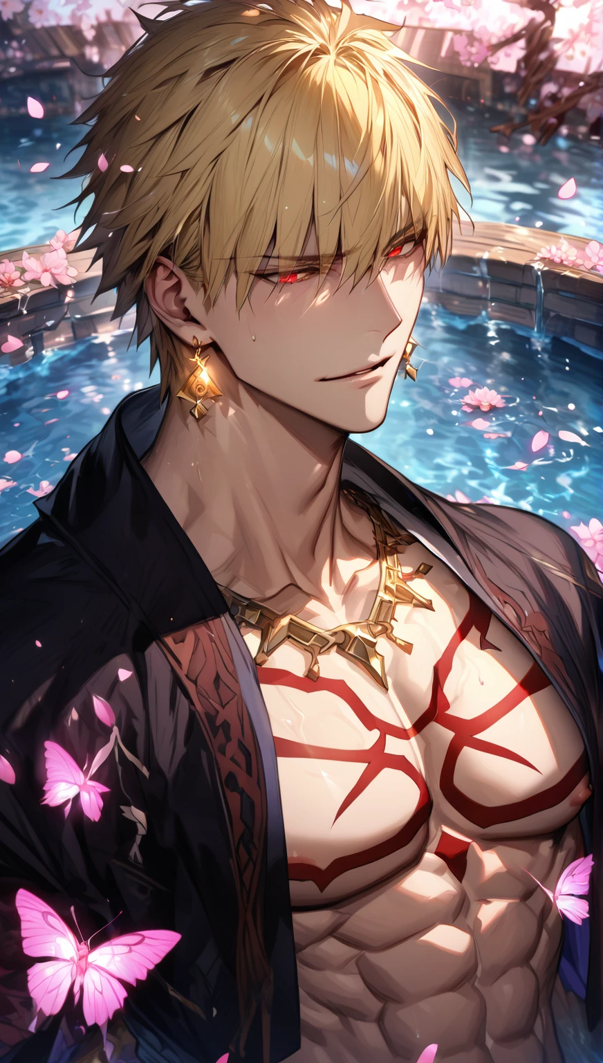 absurdres, highres, ultra detailed, HDR, master piece, best quality, extremely detailed, detailed eyes, detailed face, Gilgamesh, blonde hair, short hair, expressive red eyes, Fate Grand Order, solo, sexy man, handsome, sensual, adult face, toned chest, golden necklace, square golden earrings, red tattoo, fantasy, magical, water, cherry blossoms, pink flowers, pink petals, pink butterflies