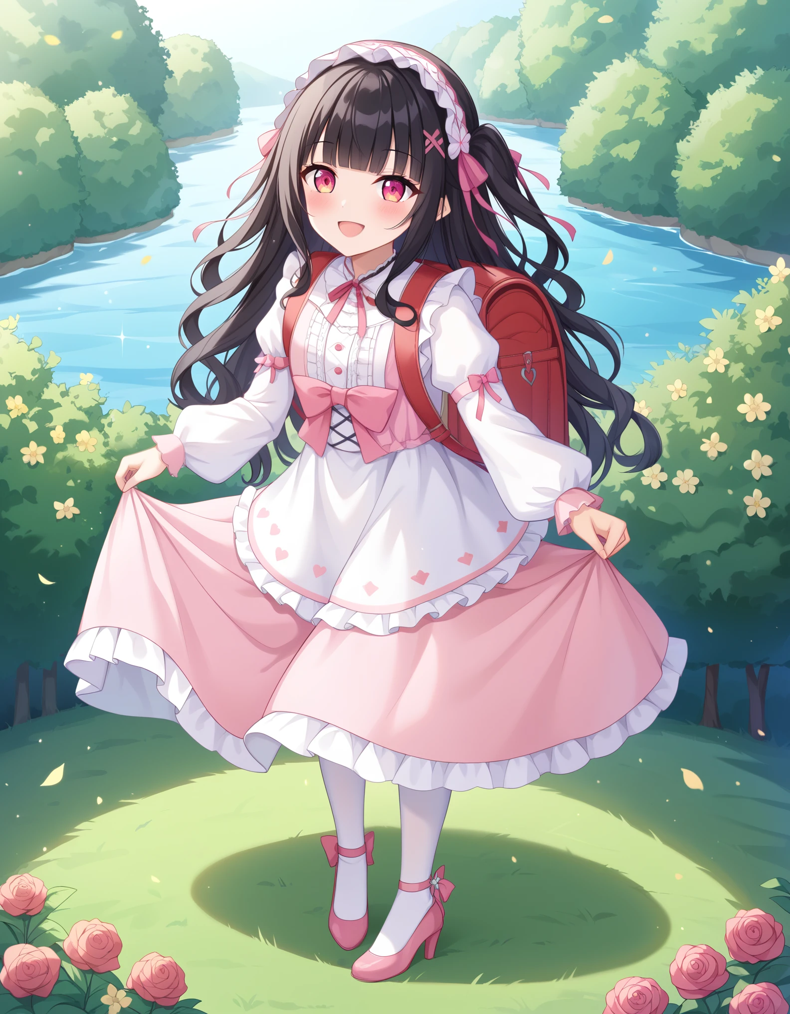 best quality, masterpiece, lifelike, 1 girl, alone, eternal, black hair, long curly hair, blunt bangs, Smile, pink skirt, pink ****ta dress, layered skirt, ****ta style long skirt,Layered dress lace-trimmed skirt, decorate, lace, long sleeve, puff sleeves, wide sleeves, Transparent sleeves, hair accessories, In the flower garden, flower, Detailed background,  delicate face，pink blush，white，knee socks, Pink shoes，tutu，Lots of lace，((​masterpiece))、(top quality)、8K、high detail、Super detailed、 night、2 woman，pink ****ta dress((dreamy atmosphere:1.1))、Seductive and whimsical style、​masterpiece、born、Scenes resembling fairy tale illustrations、Intricate details showcase the ruffles and intricate design of the ****ta dress、Beautifully、magic、capricious、 Beautifully、dream aesthetics、「𝓡𝓸𝓶𝓪𝓷𝓽𝓲𝓬、ethereal、charming、fickle、magic」、Realism、Visual effects、wearing randoseru backpack、(backpack:1.2)、A look of surprise and awe on her face、 (high quality:1.1) (​masterpiece:1.2) (smile excitedly) (Surrounded by the dreamy atmosphere of an amusement park)、pink ****ta dress、Her eyes were full of surprise and joy、Shooting at many geeks、、High heel、slime、A slender one、standing at outdoor, full body