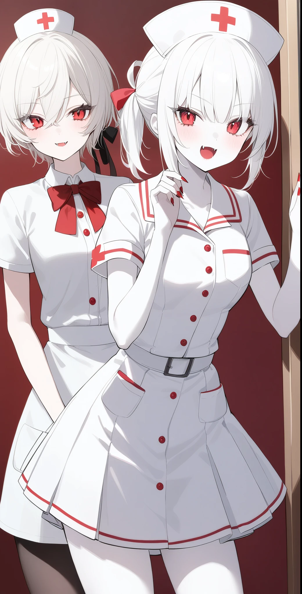 2 Girls、Hairstyle of your choice、Red eyes、Fangs growing、vampire、high school student、Pure white pale skin、Pure white hair、Nurse uniform、Nurse Skirt、Height 170cm or more、vampire学校の生徒、Red nails、Slightly sharp nails