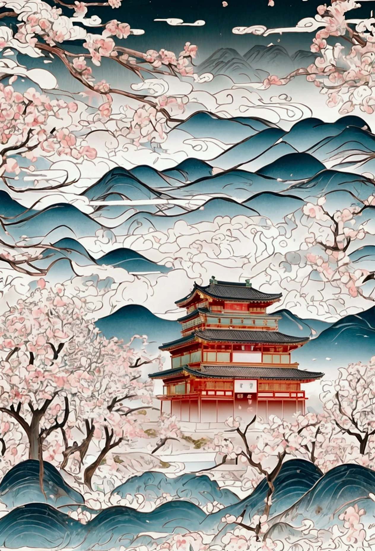 An ancient Japanese painting, ancient Japanese background, sakura tree, osaka castle, fuji mountains, rivers, auspicious clouds, pavilions, sunshine, masterpieces, super detail, epic composition, ultra HD, high quality, extremely detailed, official art, unified 8k wallpaper, Super detail, 32k -- v 6