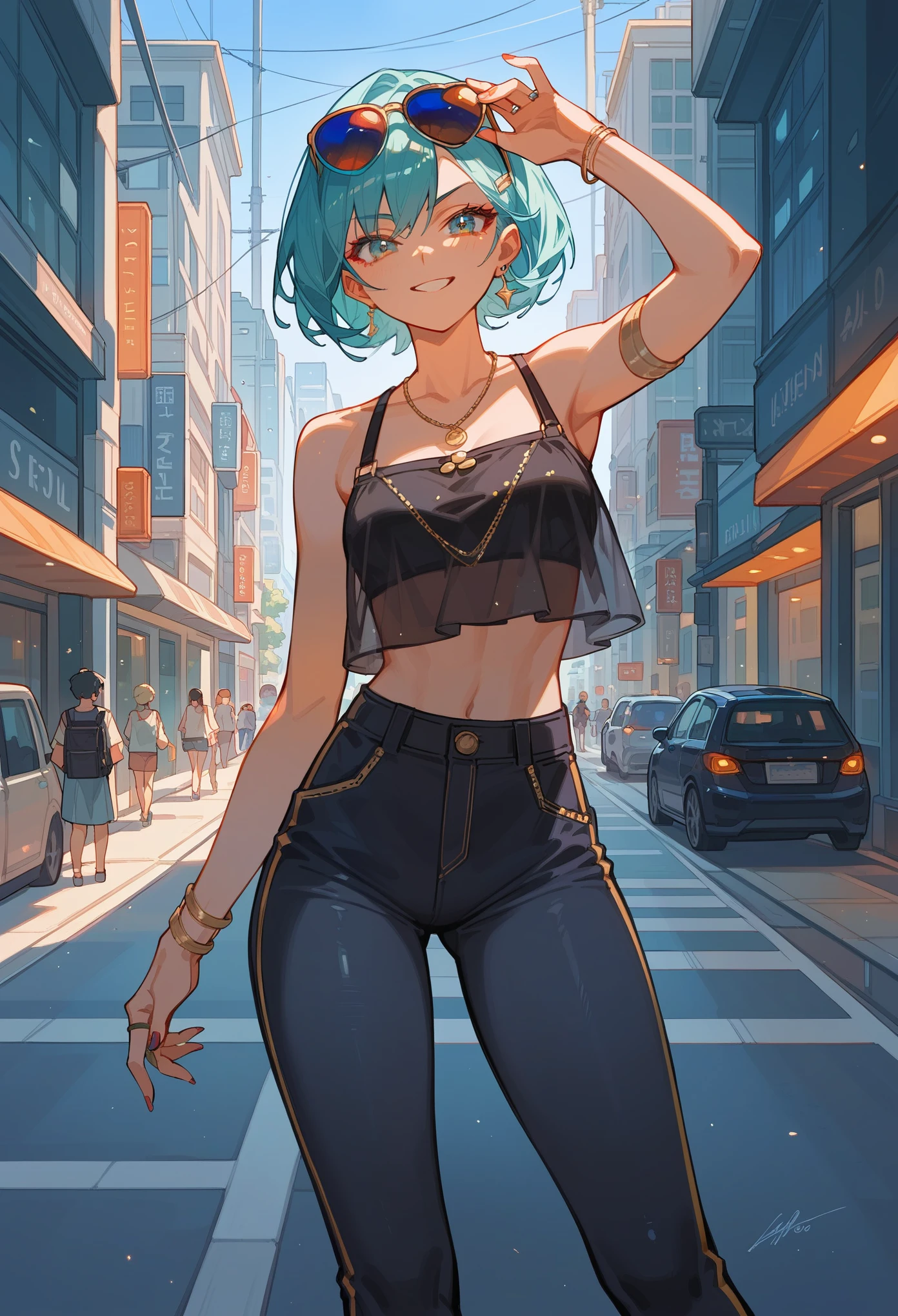 A woman with blue hair and sunglasses standing in the middle of a city ...